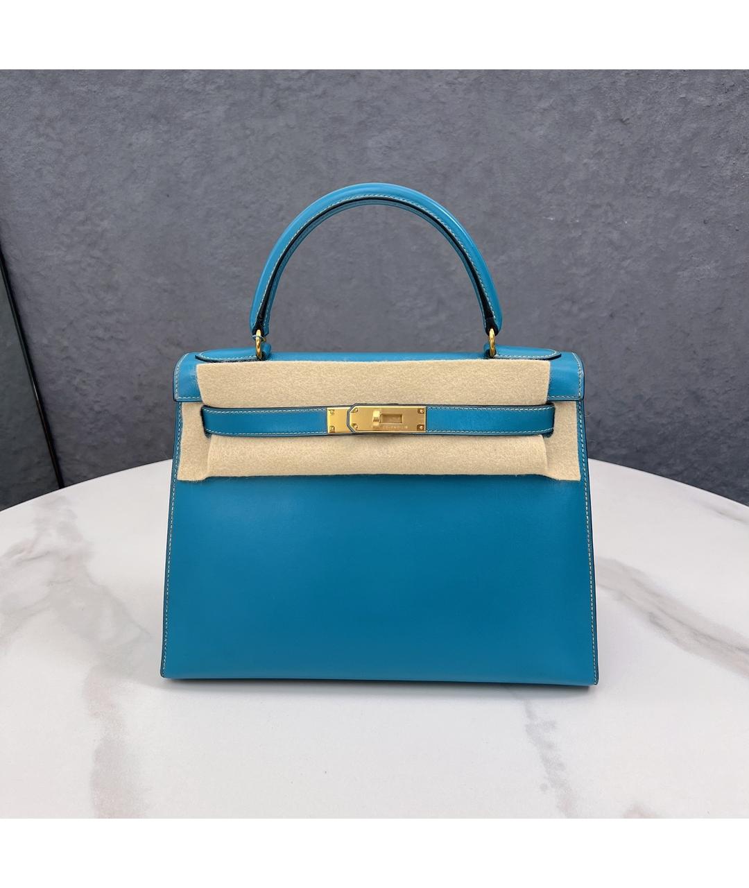 HERMES Голубая кожаная сумка с короткими ручками, фото 7