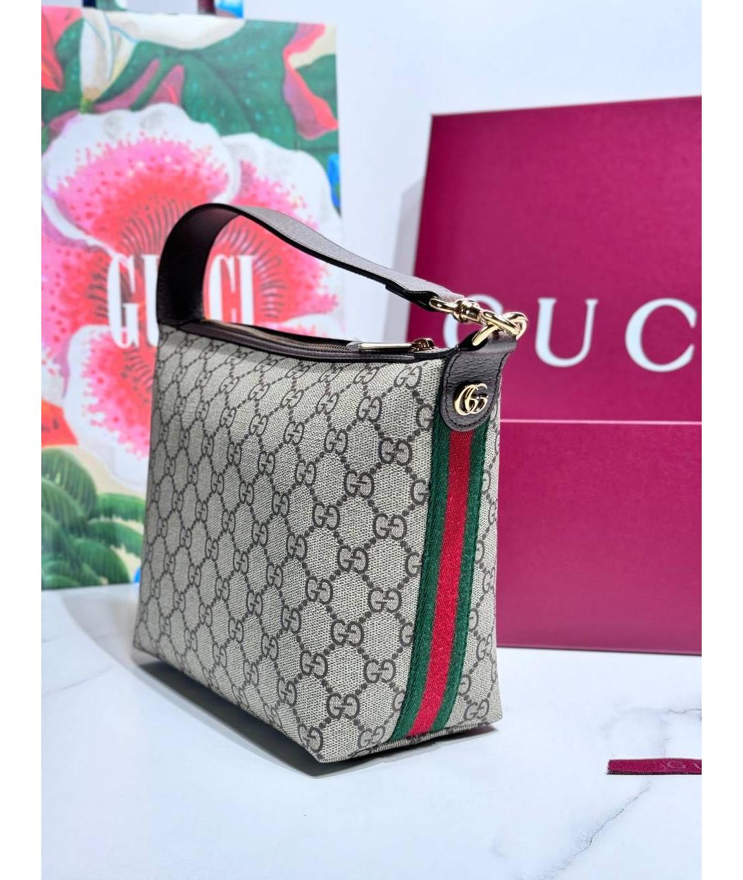 GUCCI Бежевая кожаная сумка с короткими ручками, фото 2