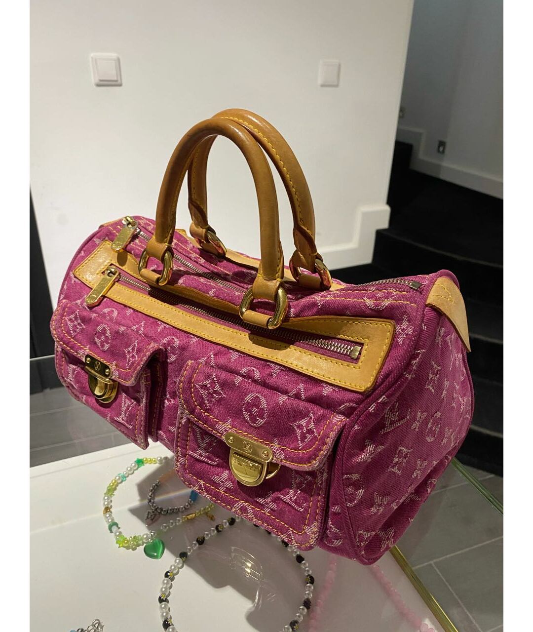LOUIS VUITTON Фуксия деним сумка тоут, фото 2