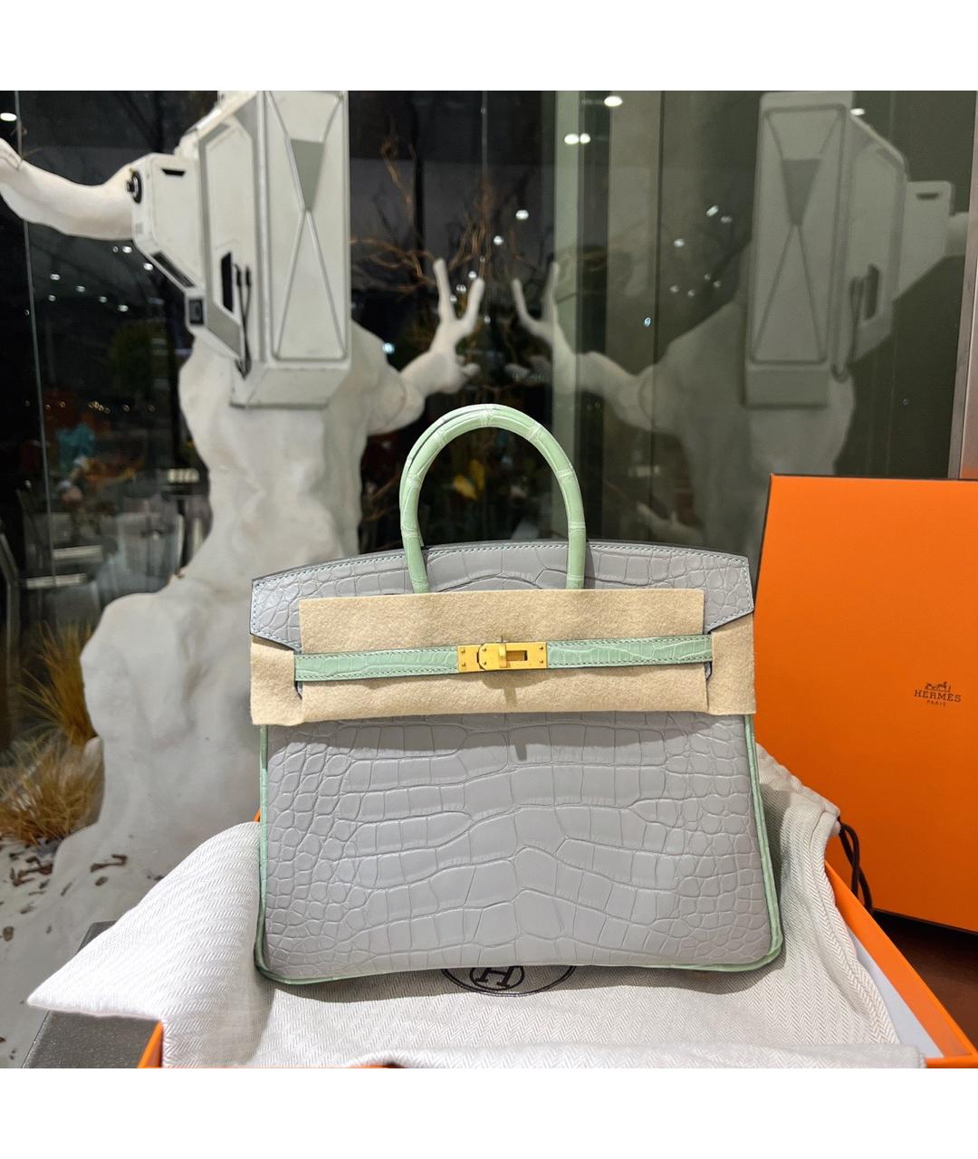 HERMES Серая сумка с короткими ручками из экзотической кожи, фото 3