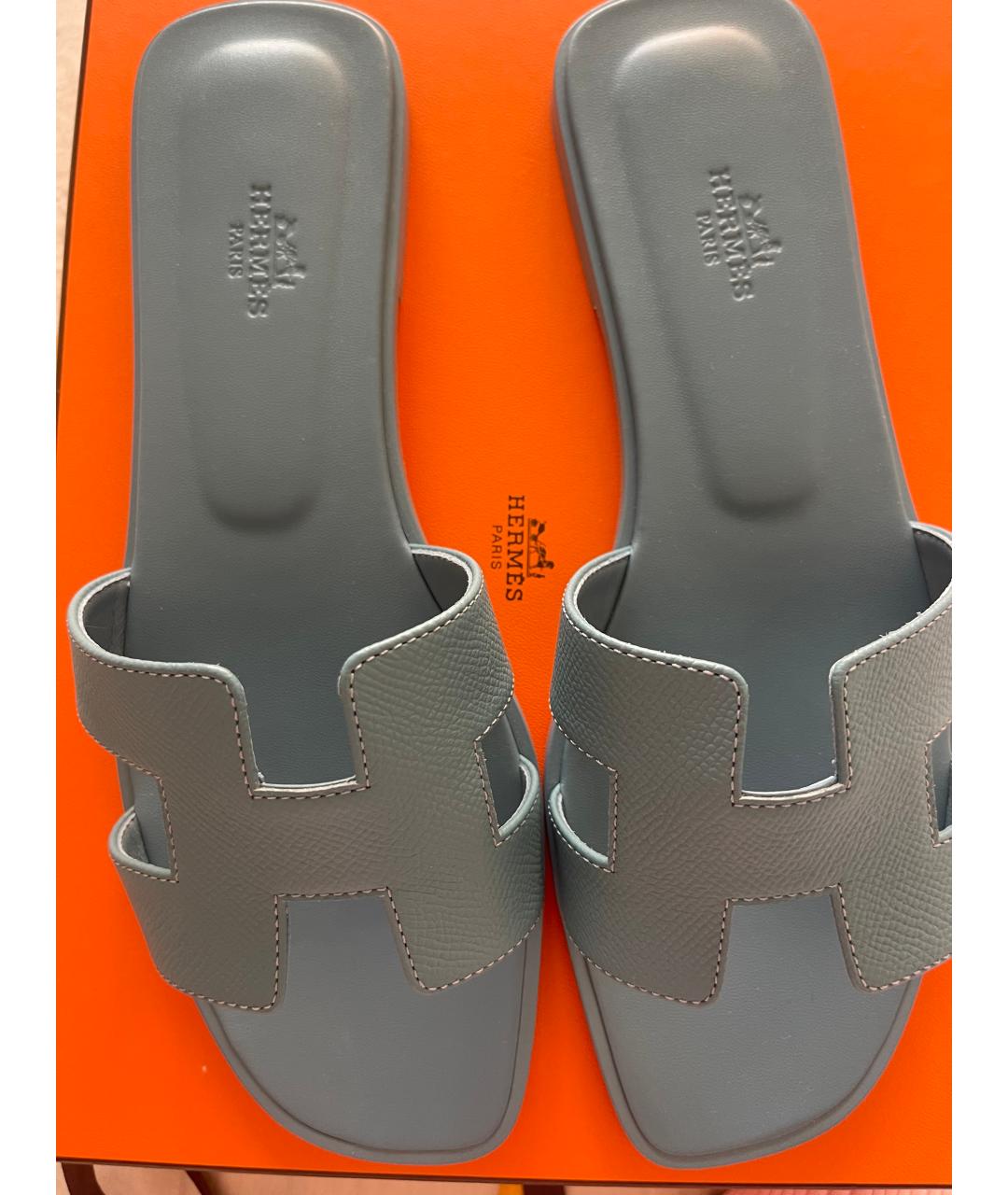 HERMES Голубые кожаные шлепанцы, фото 4