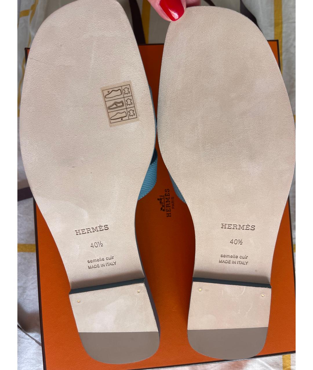 HERMES Голубые кожаные шлепанцы, фото 3