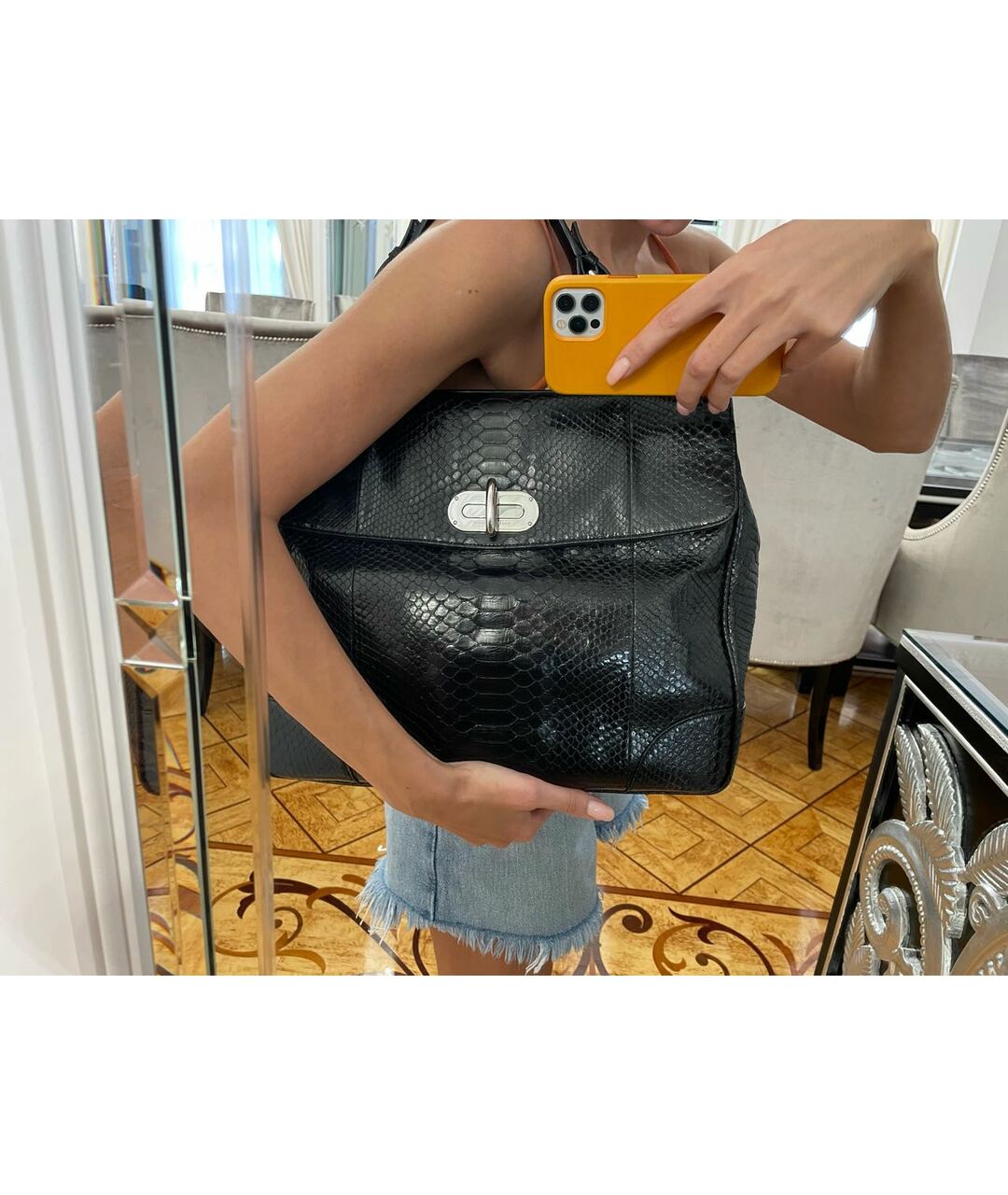 RALPH LAUREN Черная сумка тоут из экзотической кожи, фото 6