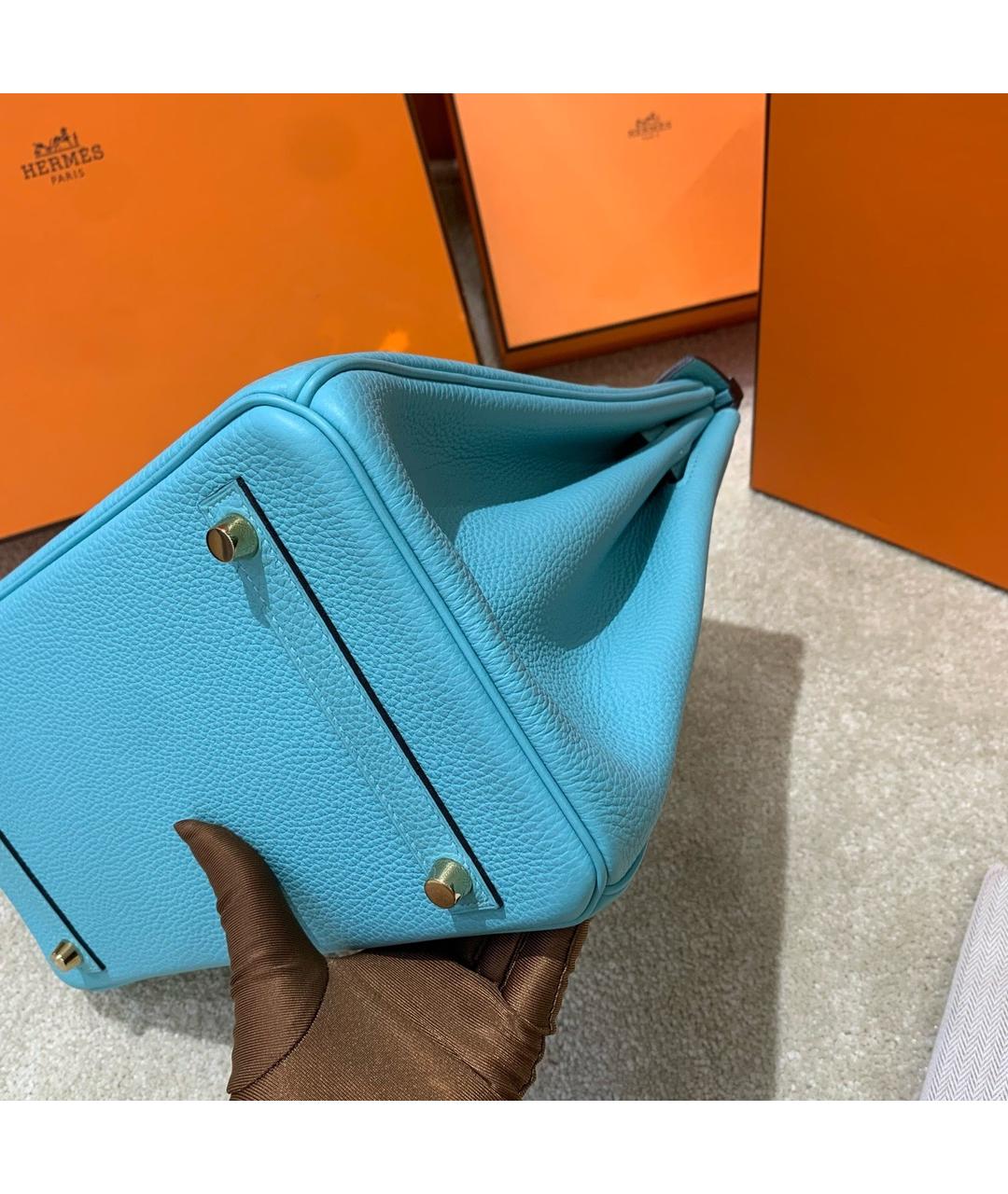 HERMES Голубая кожаная сумка с короткими ручками, фото 5