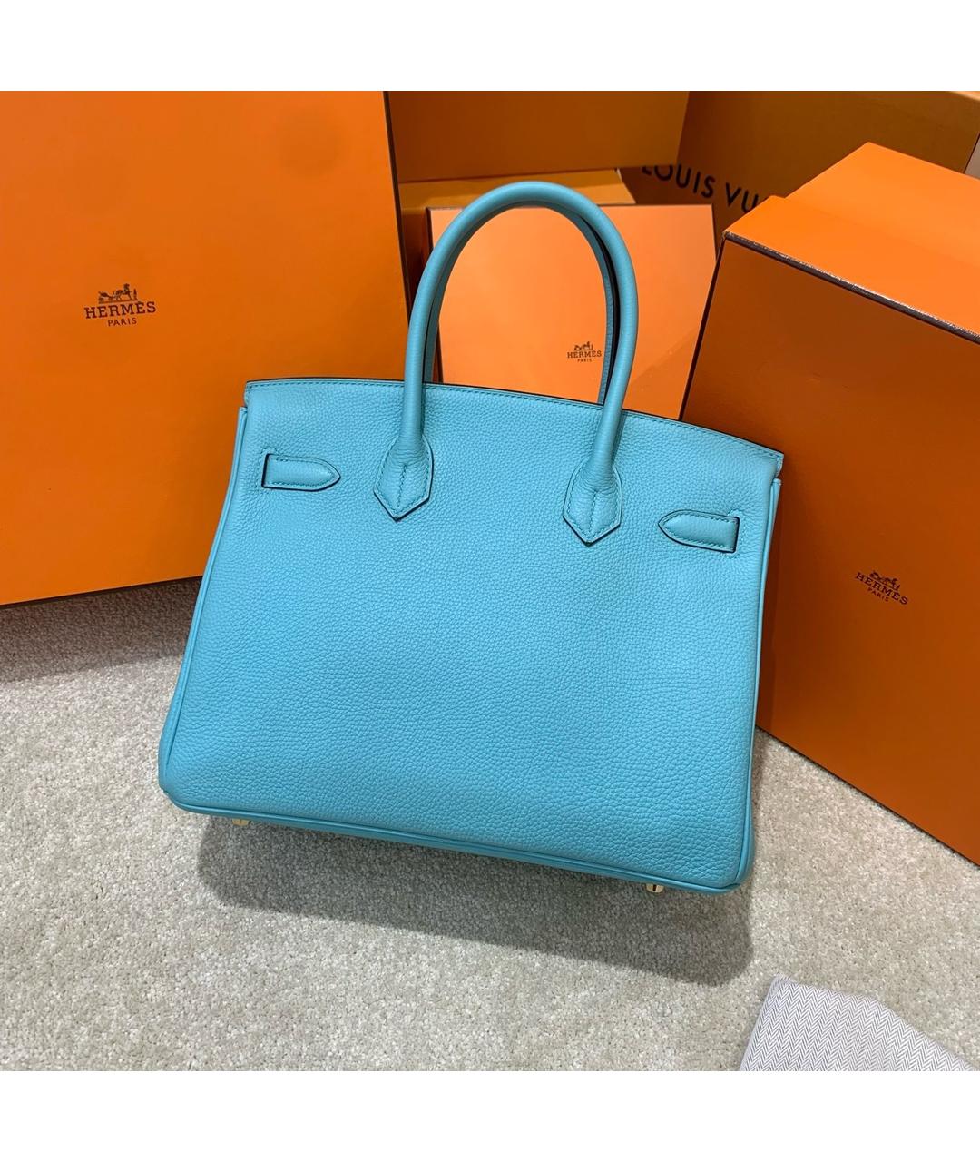 HERMES Голубая кожаная сумка с короткими ручками, фото 2