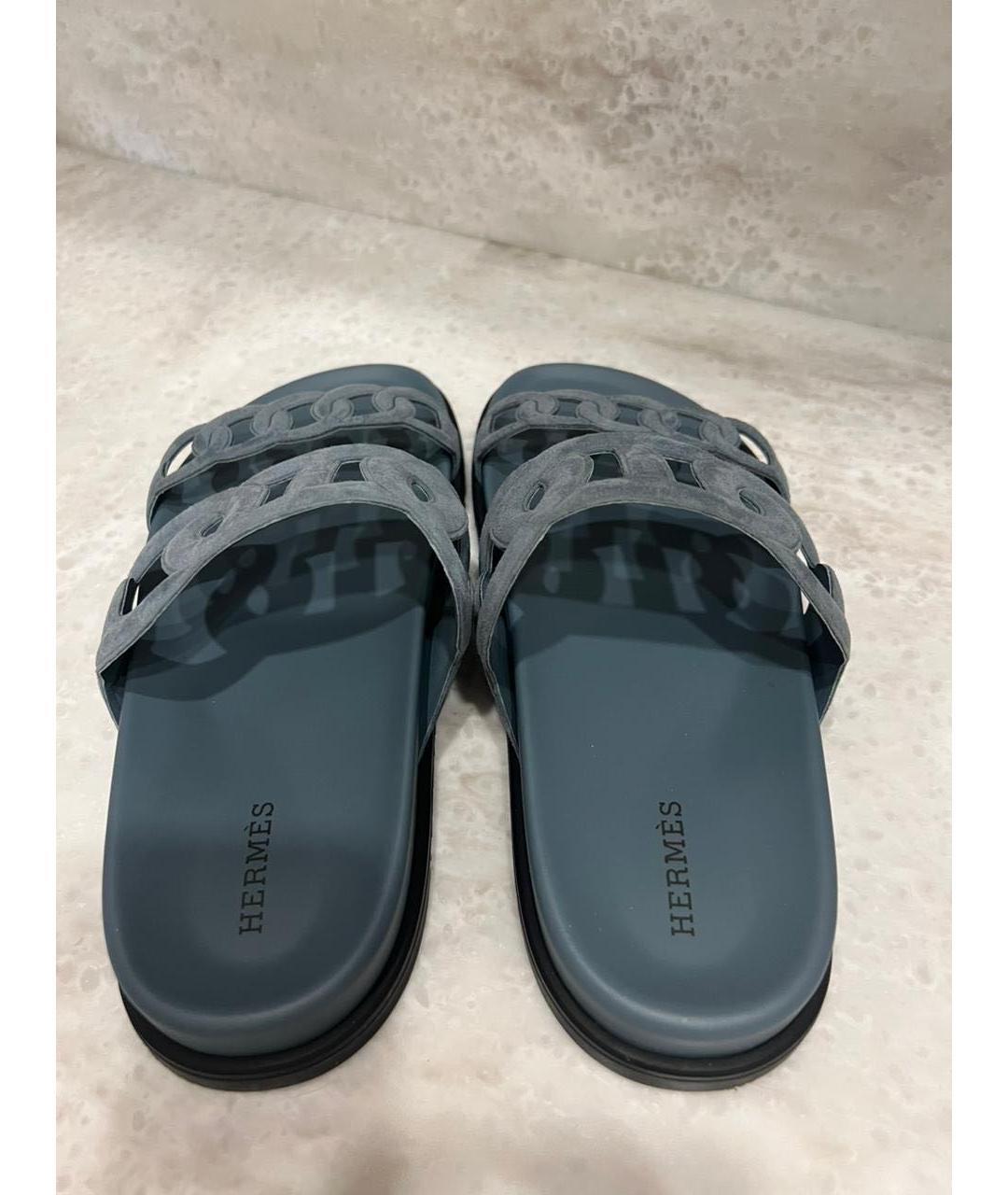 HERMES Серые кожаные шлепанцы, фото 3