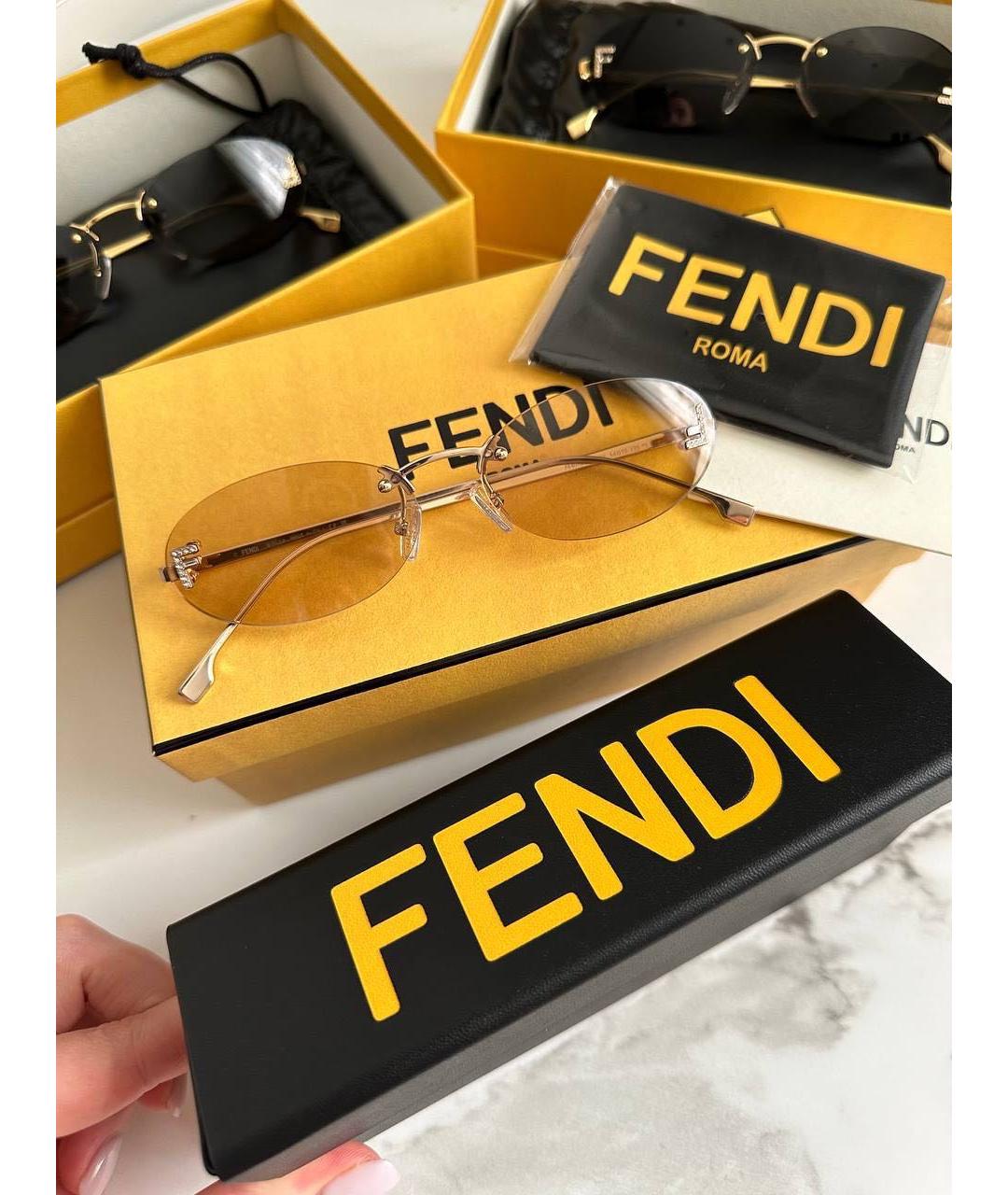 FENDI Бежевые металлические солнцезащитные очки, фото 2