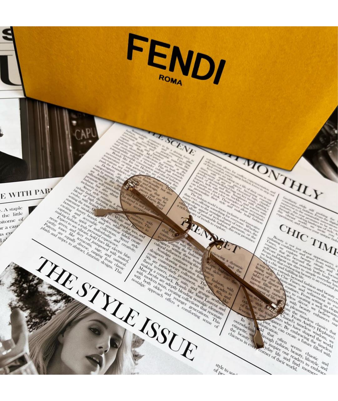 FENDI Бежевые металлические солнцезащитные очки, фото 2