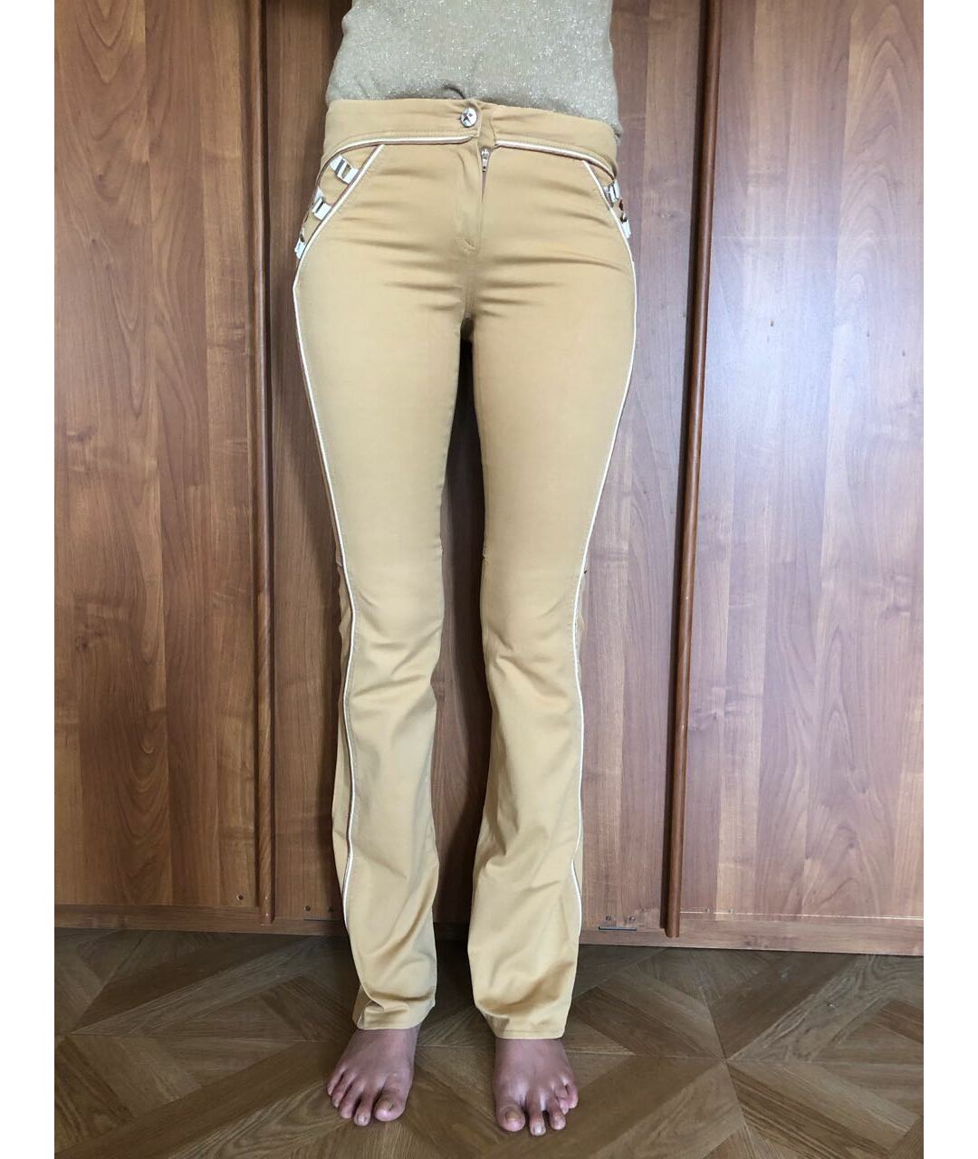 THIERRY MUGLER Бежевые хлопко-эластановые прямые брюки, фото 8