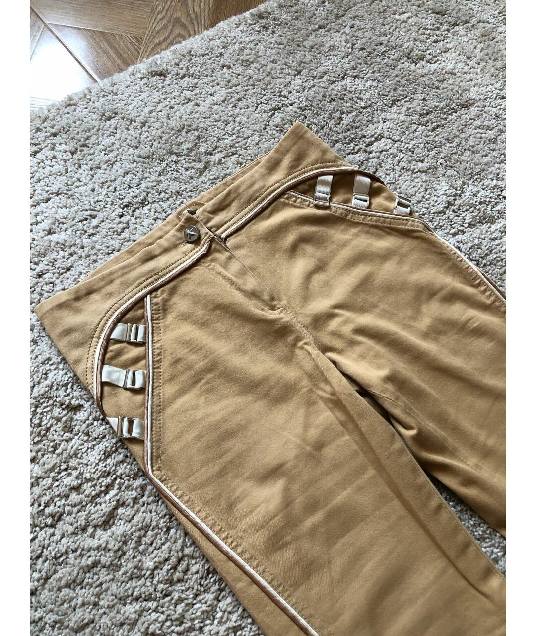 THIERRY MUGLER Бежевые хлопко-эластановые прямые брюки, фото 5