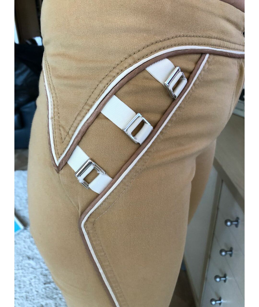 THIERRY MUGLER Бежевые хлопко-эластановые прямые брюки, фото 2