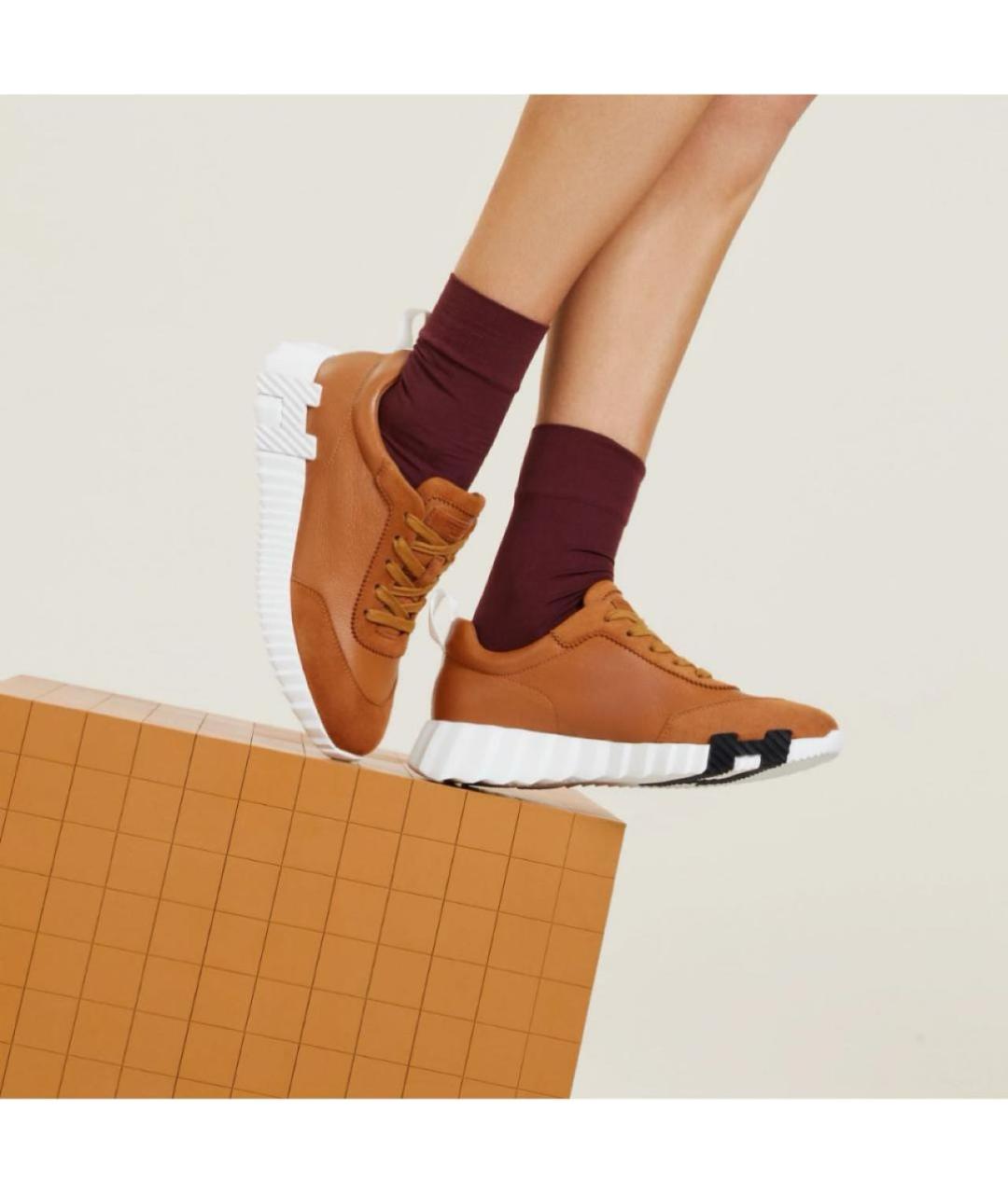 HERMES Коричневые кожаные кроссовки, фото 3