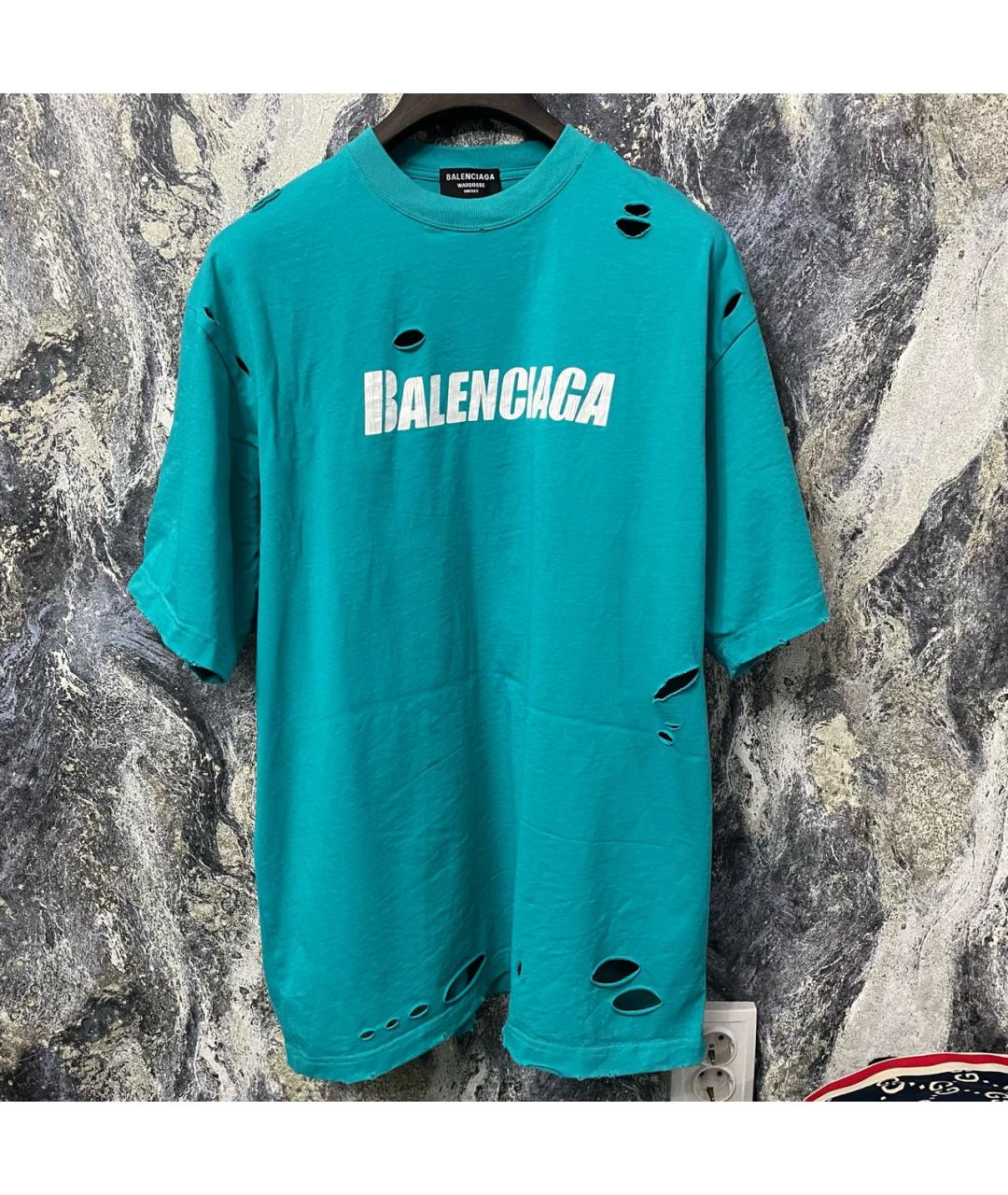 BALENCIAGA Бирюзовая хлопковая футболка, фото 4