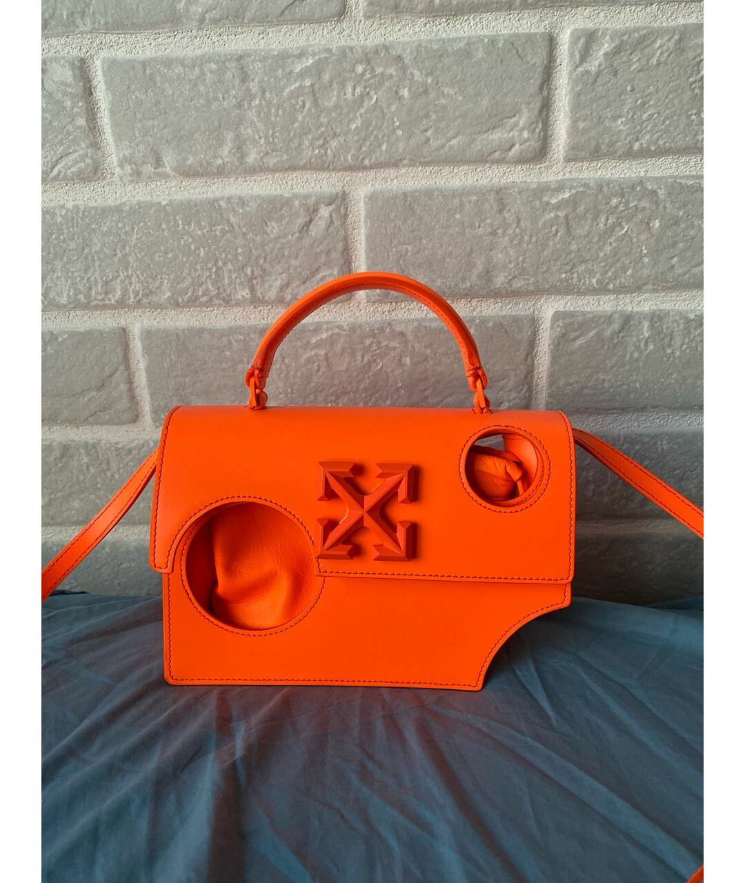 OFF-WHITE Оранжевая кожаная сумка с короткими ручками, фото 9