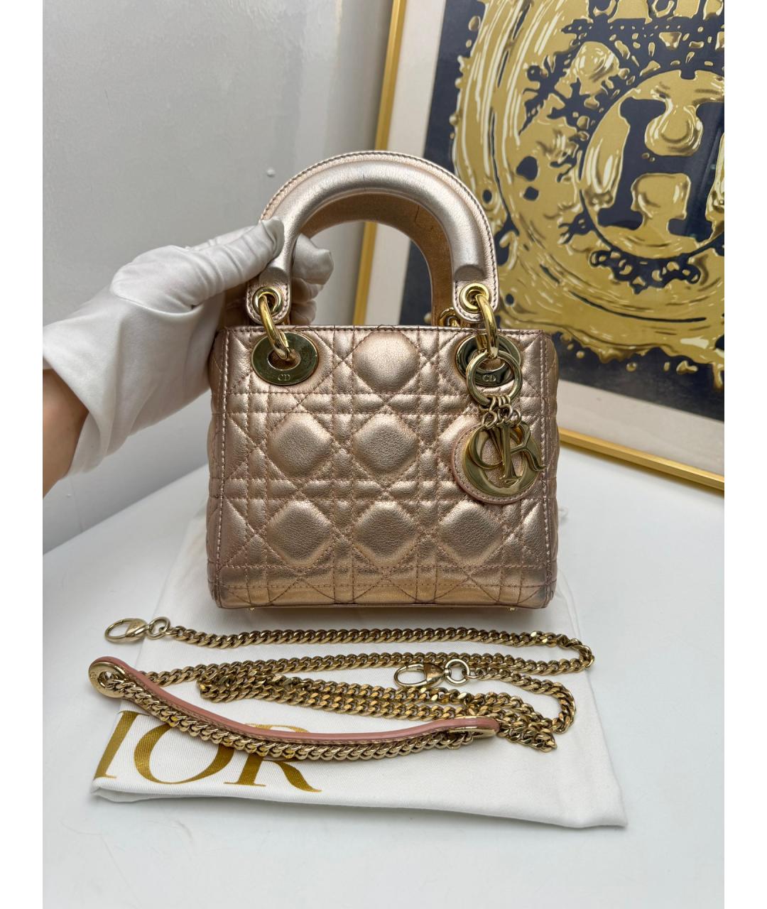 CHRISTIAN DIOR Золотая кожаная сумка с короткими ручками, фото 7