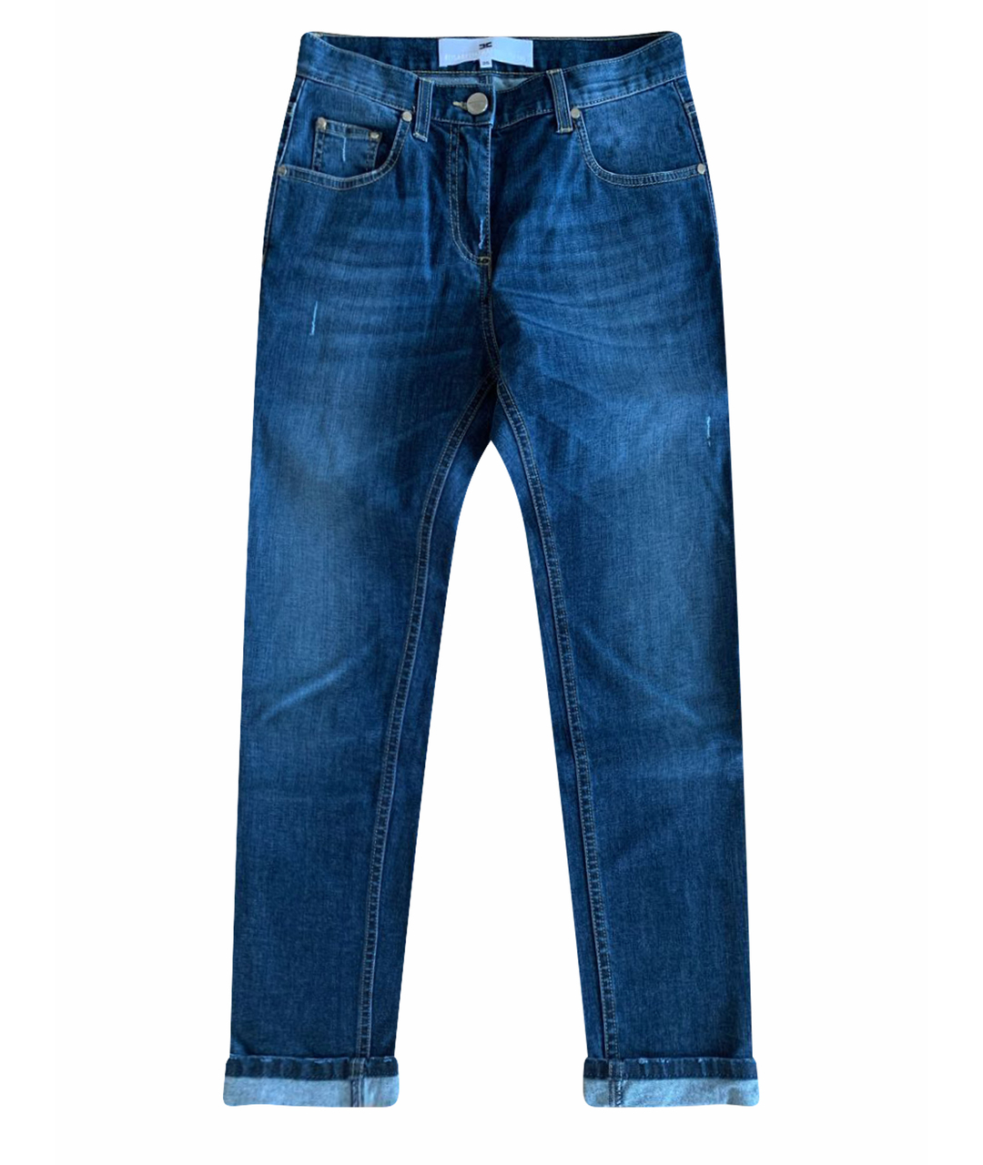 ELISABETTA FRANCHI Темно-синие хлопок-полиэтиленовые прямые джинсы, фото 1