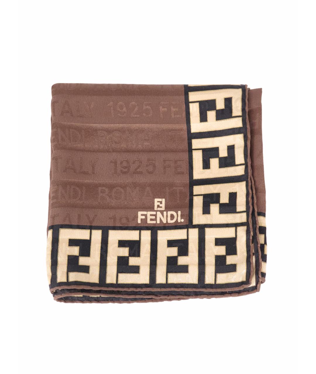 FENDI Коричневый шелковый платок, фото 1