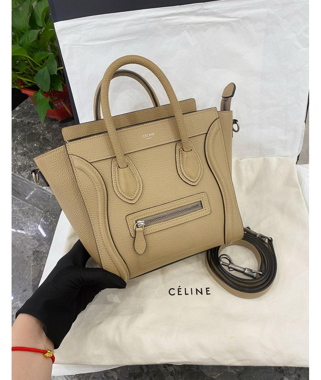 CELINE Бежевая кожаная сумка с короткими ручками, фото 2