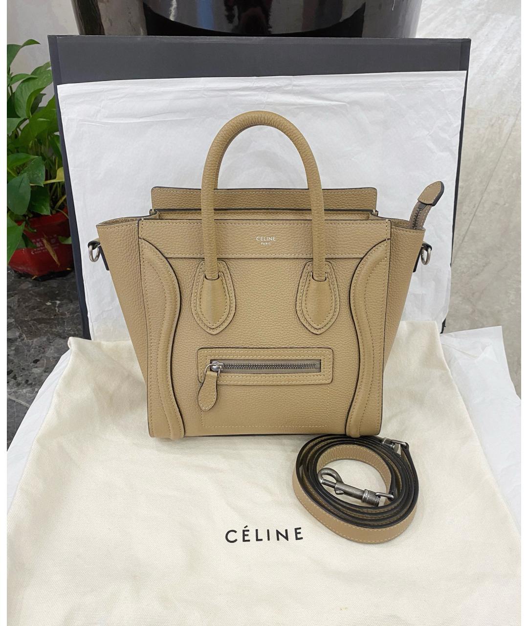 CELINE Бежевая кожаная сумка с короткими ручками, фото 6