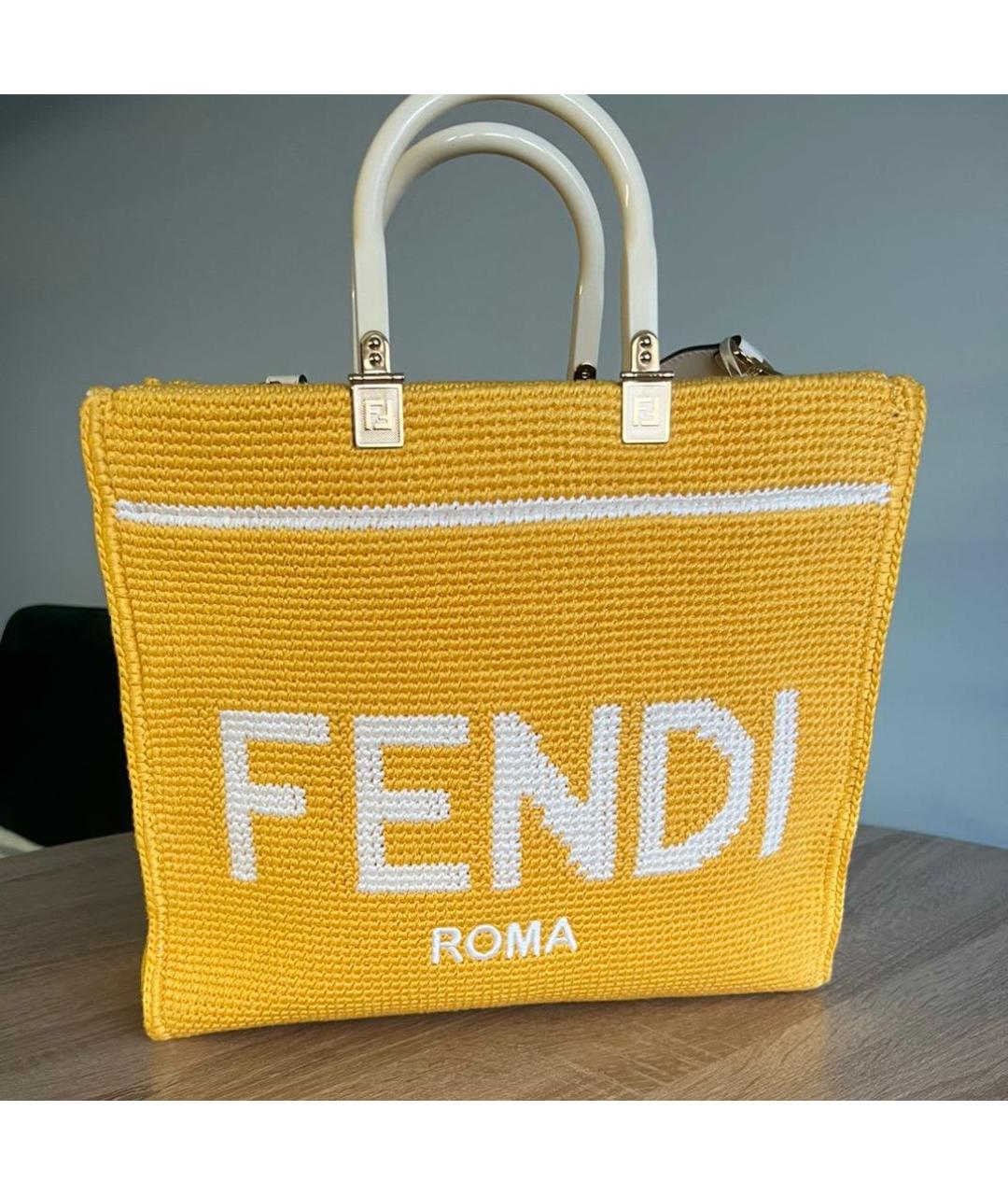 FENDI Желтая пелетеная пляжная сумка, фото 9