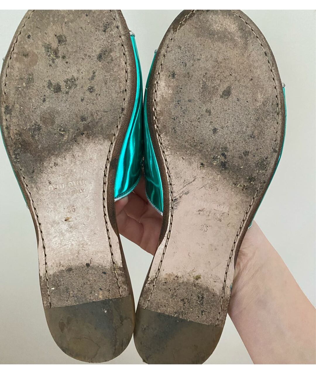 MIU MIU Бирюзовые кожаные шлепанцы, фото 6