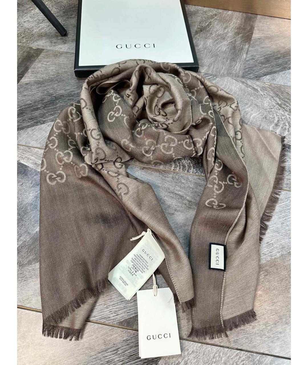 GUCCI Коричневый шерстяной шарф, фото 2