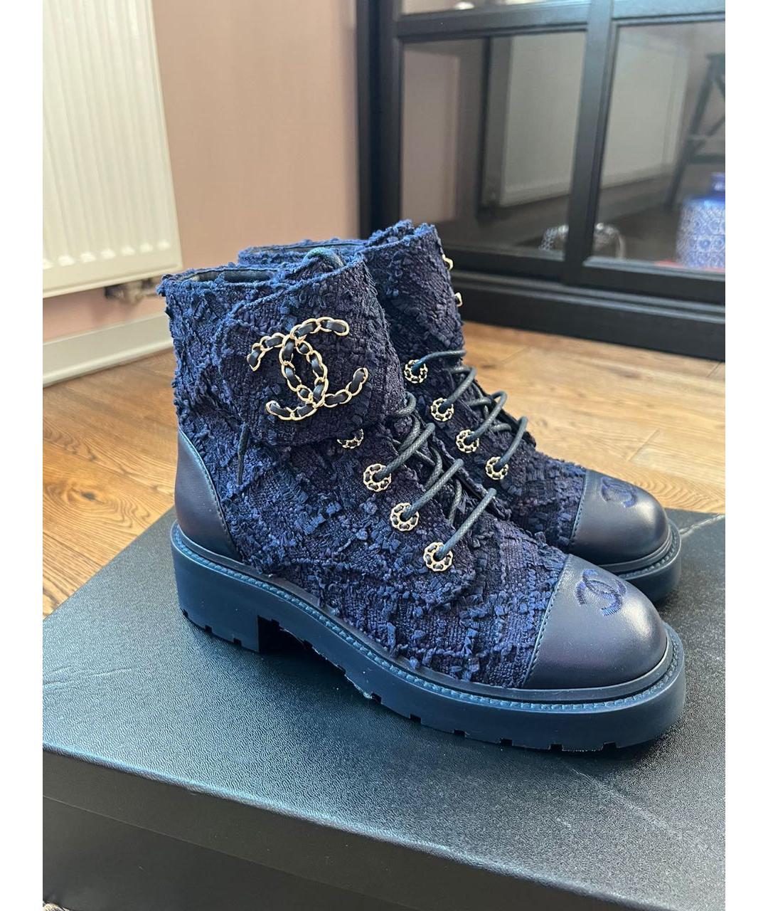 CHANEL Темно-синие текстильные ботинки, фото 4