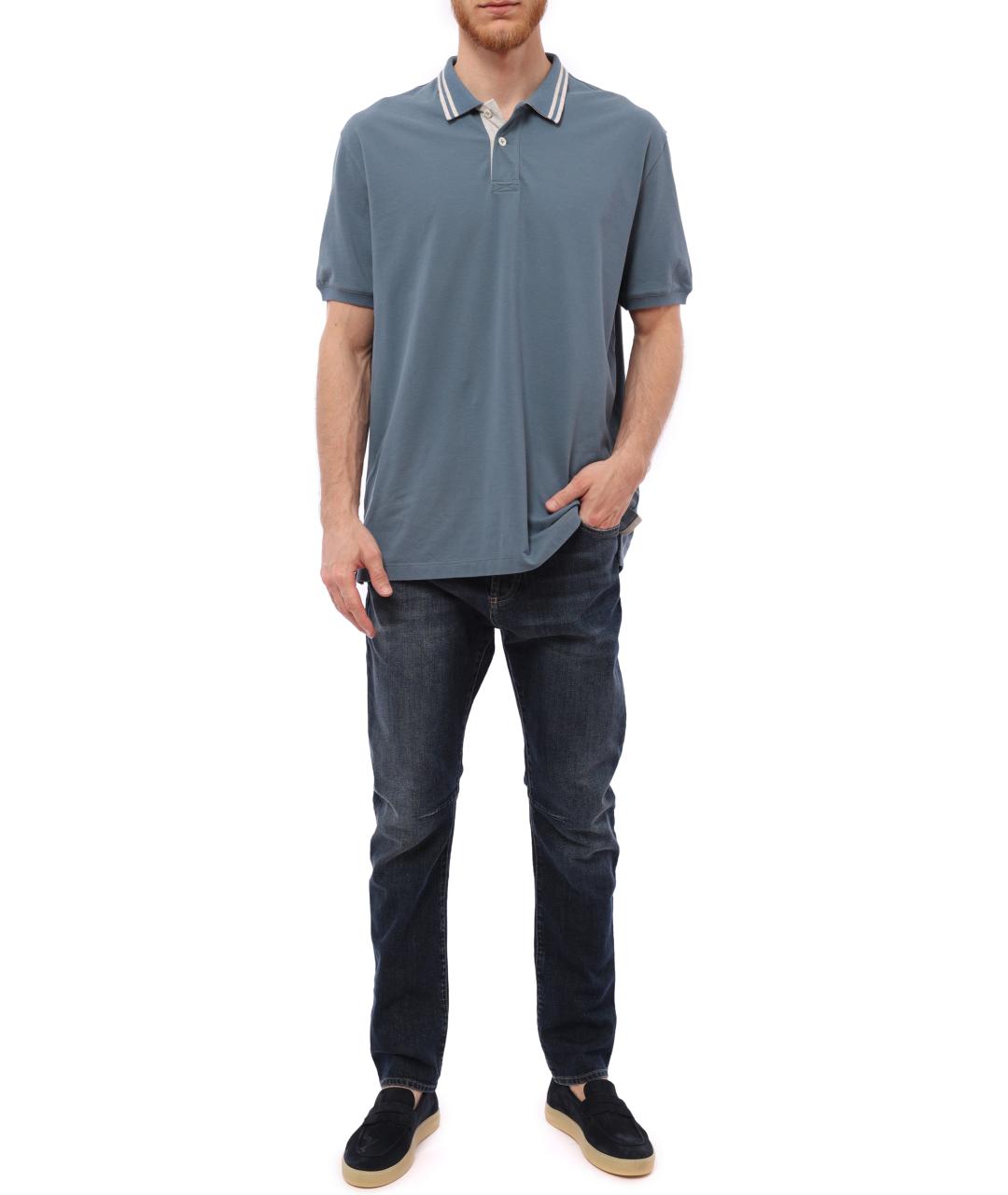 BRUNELLO CUCINELLI Голубое хлопковое поло с коротким рукавом, фото 5