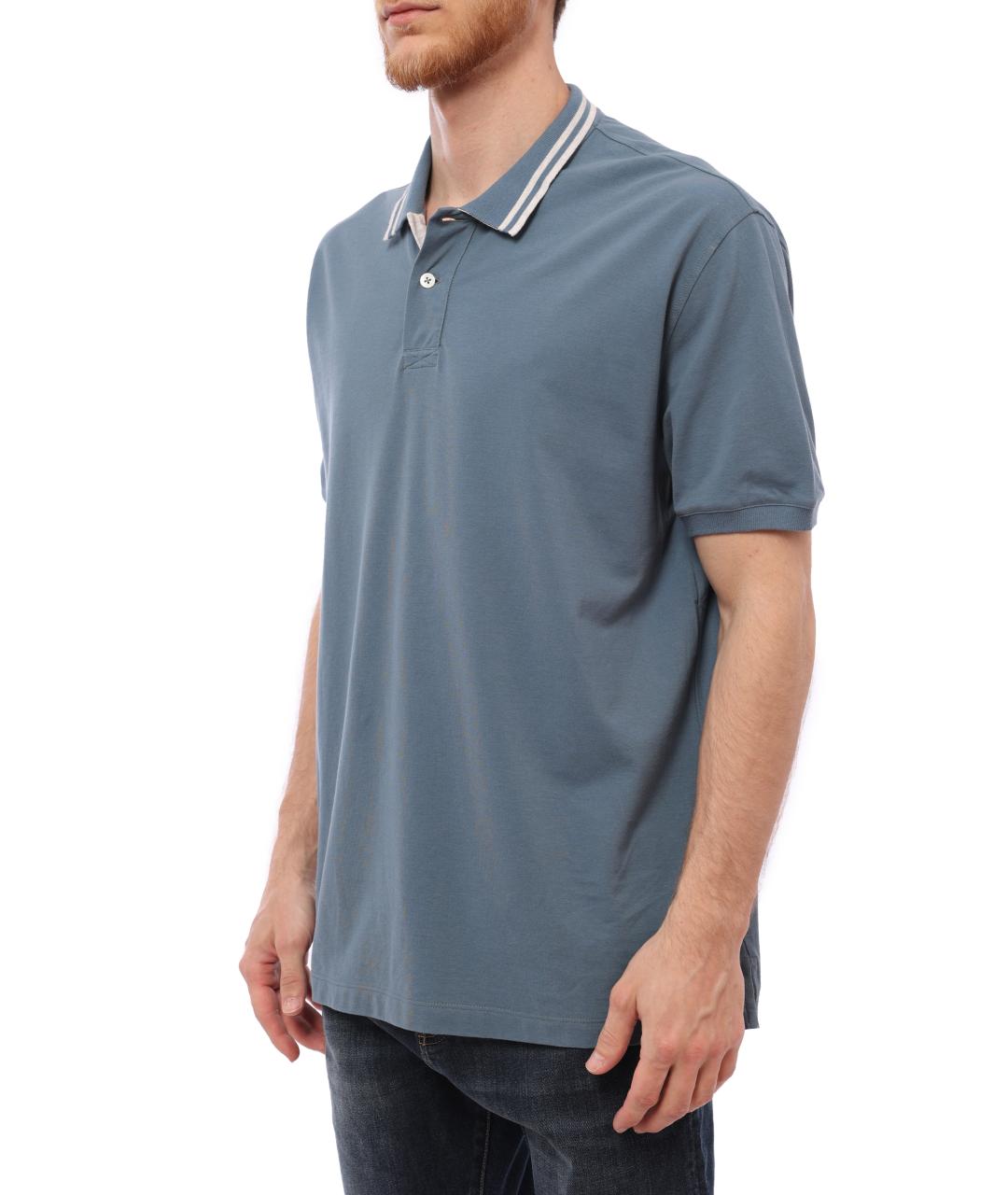 BRUNELLO CUCINELLI Голубое хлопковое поло с коротким рукавом, фото 2