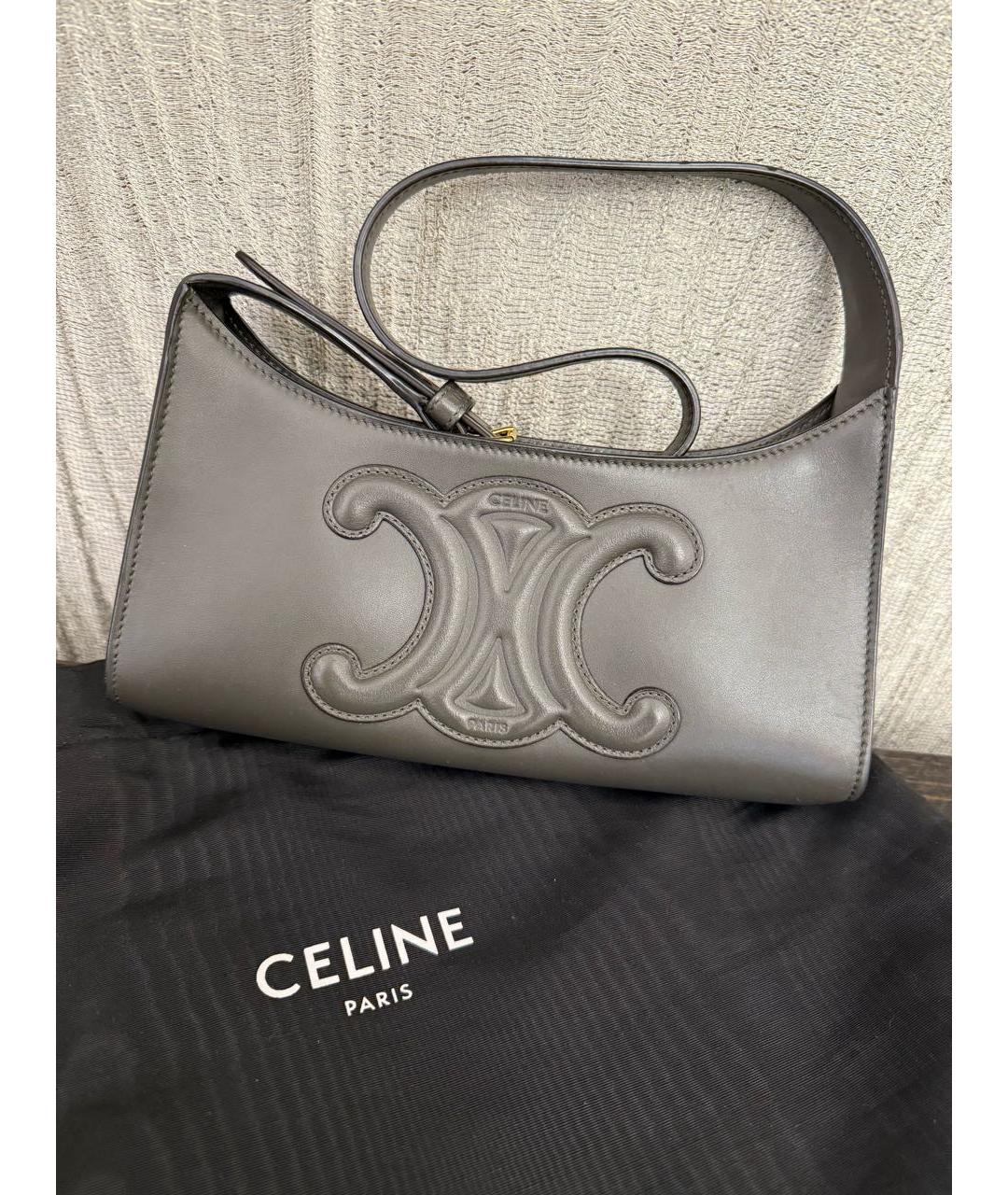 CELINE Хаки кожаная сумка с короткими ручками, фото 4