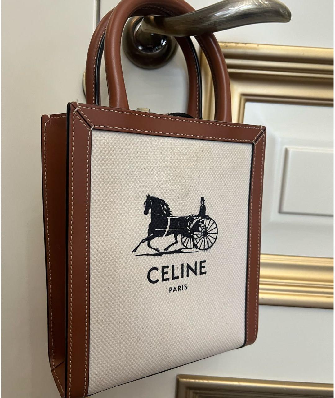 CELINE Коричневая тканевая сумка с короткими ручками, фото 2