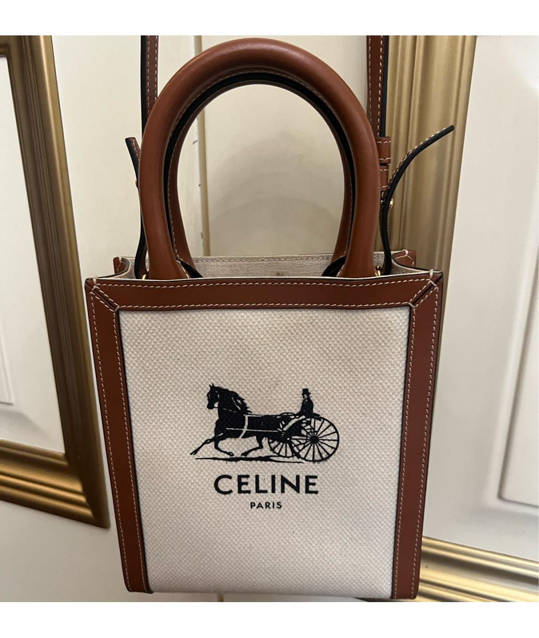 CELINE Коричневая тканевая сумка с короткими ручками, фото 8