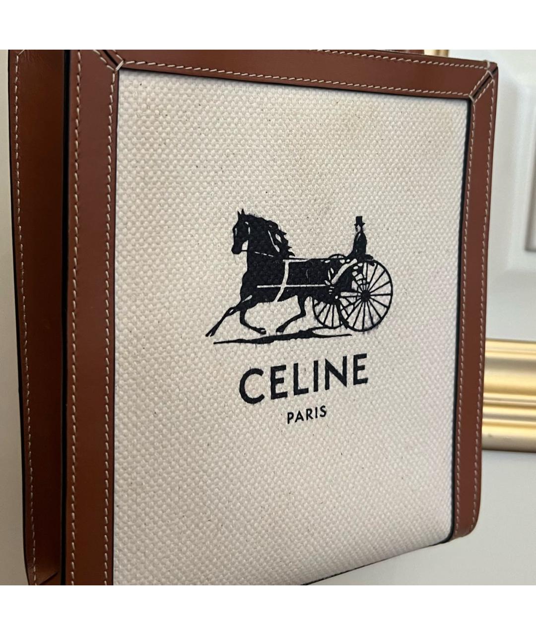 CELINE Коричневая тканевая сумка с короткими ручками, фото 5