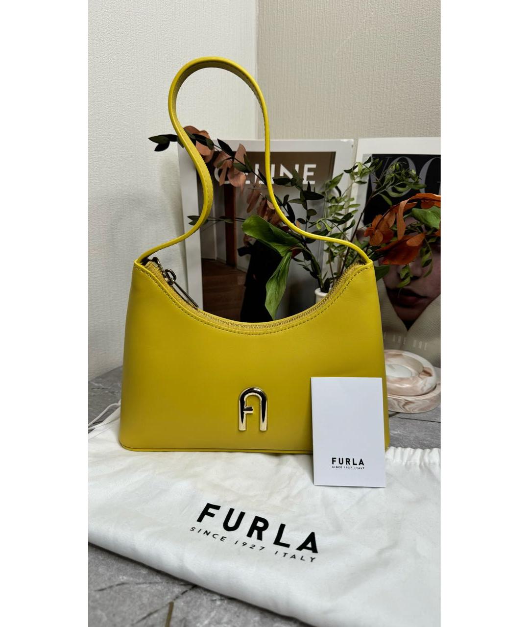 FURLA Горчичная кожаная сумка с короткими ручками, фото 5