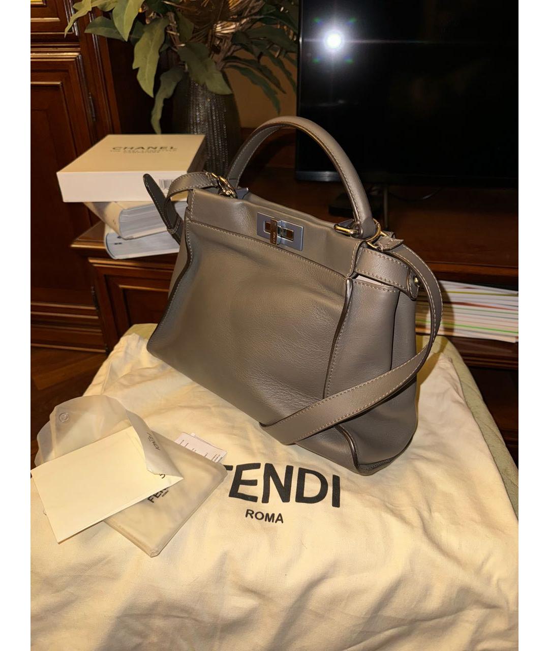 FENDI Антрацитовая кожаная сумка тоут, фото 3