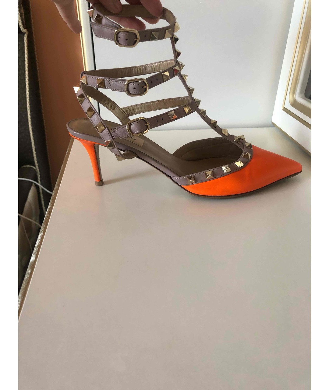 VALENTINO Оранжевое кожаные лодочки на низком каблуке, фото 5
