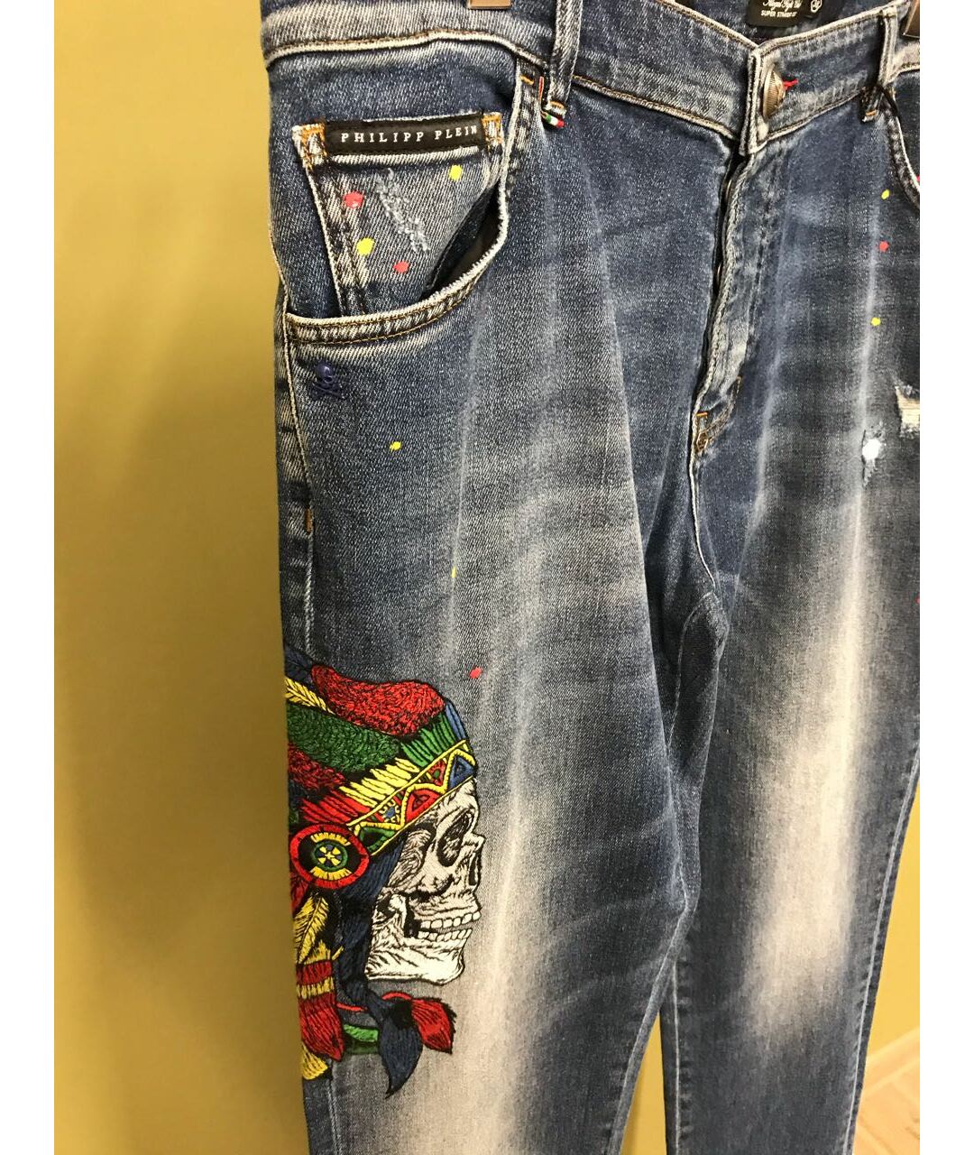PHILIPP PLEIN Синие хлопковые прямые джинсы, фото 3