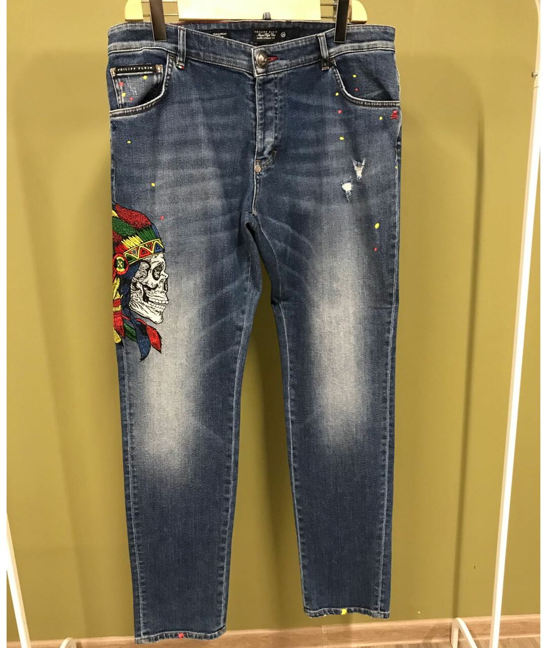 PHILIPP PLEIN Синие хлопковые прямые джинсы, фото 7
