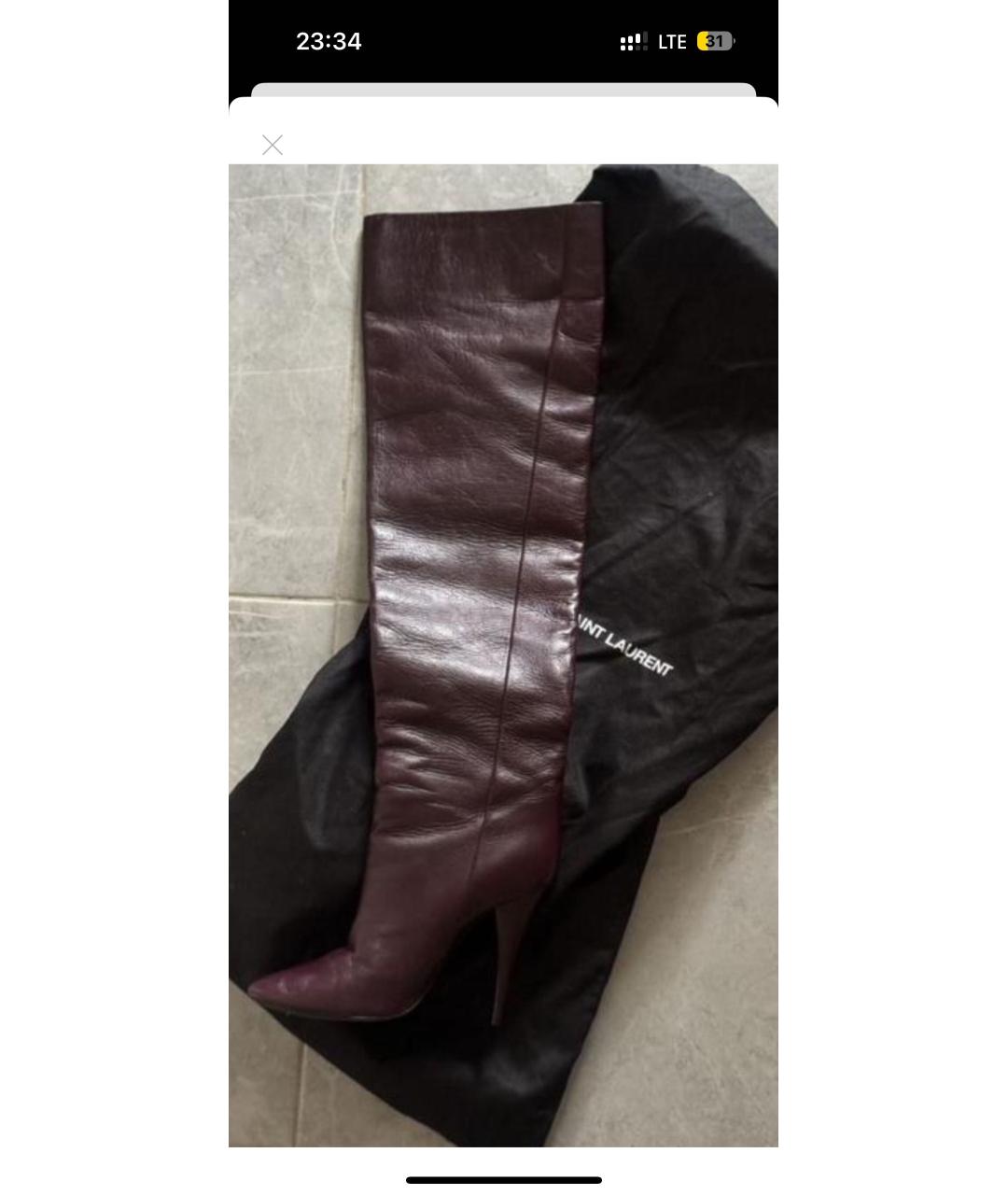 SAINT LAURENT Бордовые кожаные ботфорты, фото 5