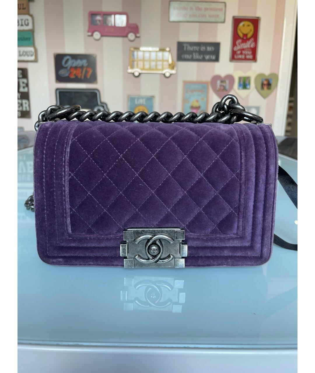 CHANEL PRE-OWNED Фиолетовая бархатная сумка тоут, фото 5
