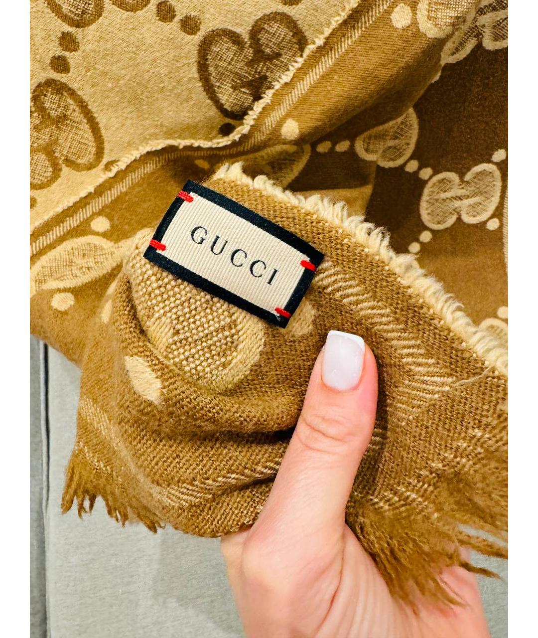 GUCCI Коричневый шерстяной шарф, фото 2