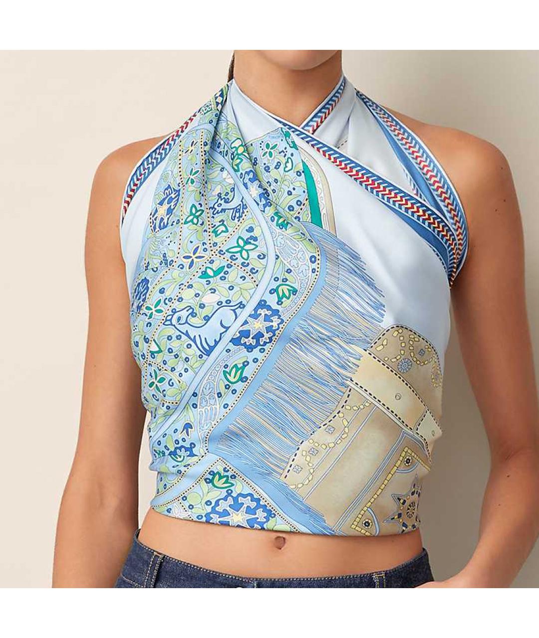 HERMES Голубой шелковый шарф, фото 2