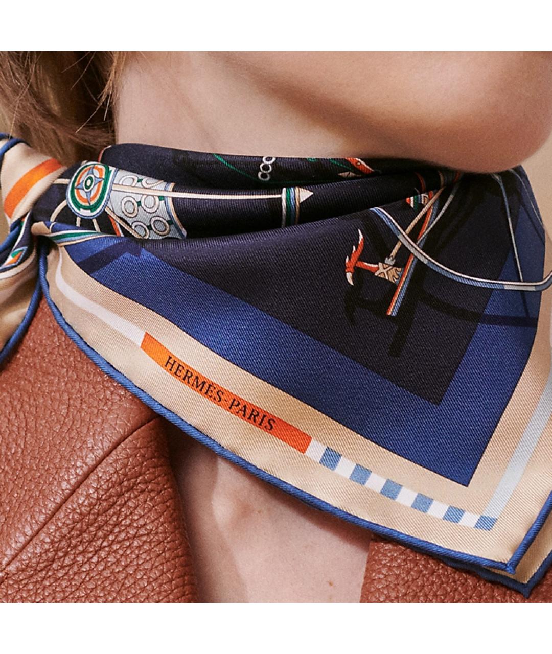 HERMES Темно-синий шелковый шарф, фото 2