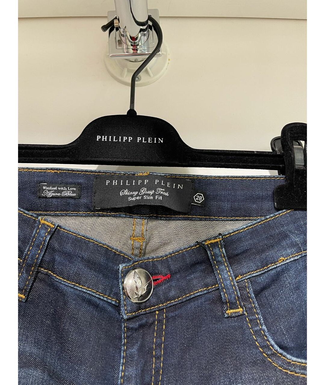PHILIPP PLEIN Темно-синие хлопко-эластановые прямые джинсы, фото 3
