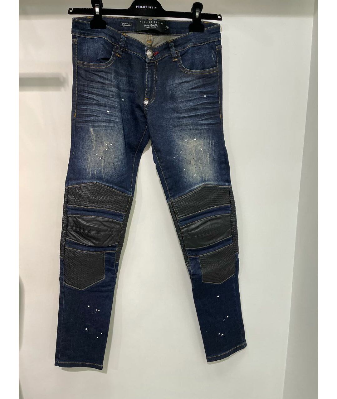 PHILIPP PLEIN Темно-синие хлопко-эластановые прямые джинсы, фото 7