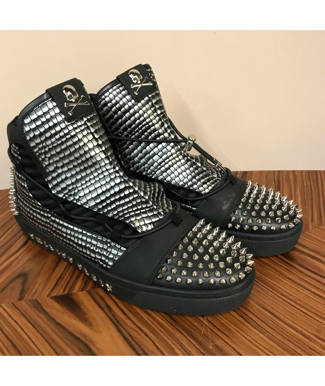 PHILIPP PLEIN Черные кожаные высокие кроссовки / кеды, фото 2