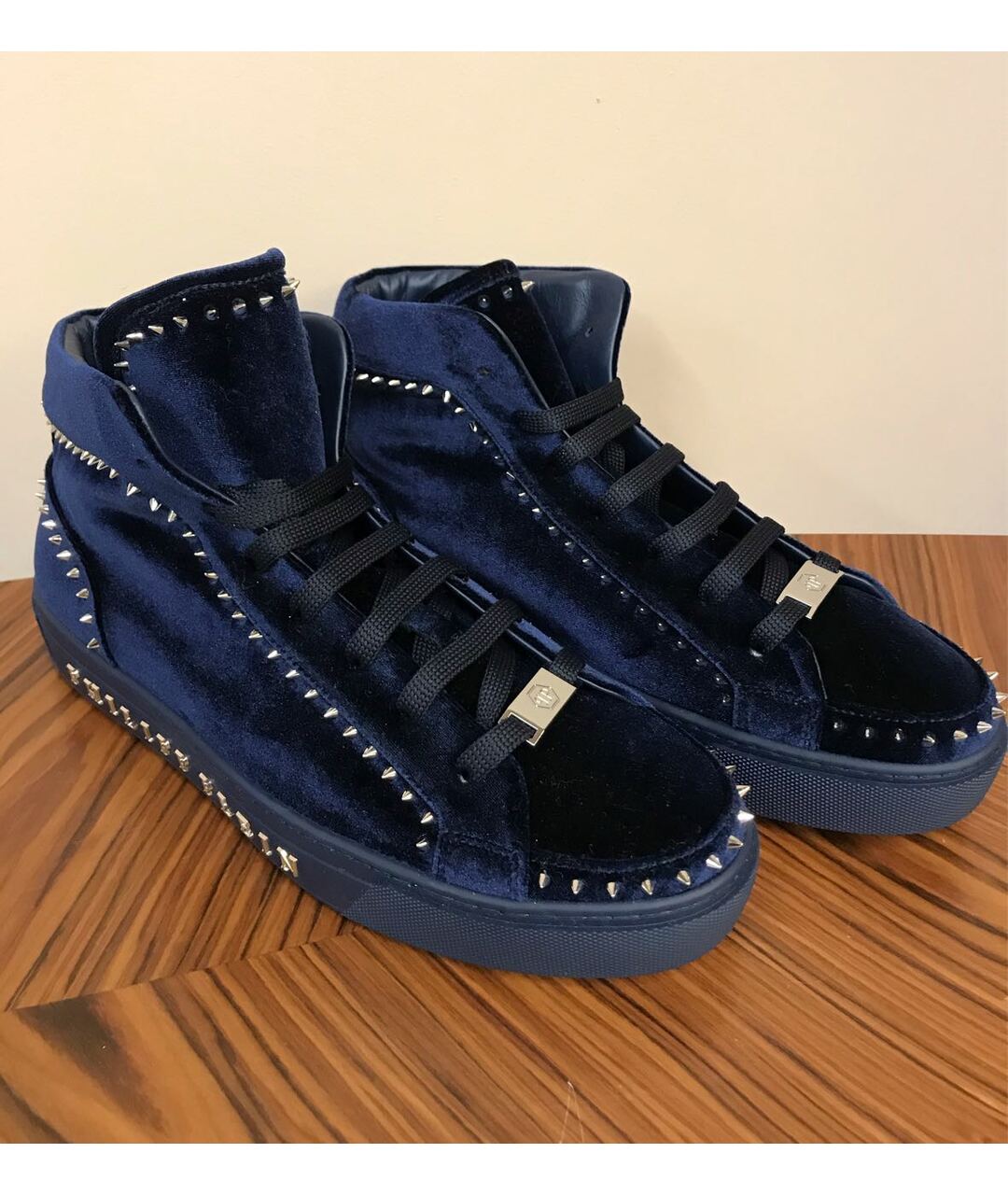 PHILIPP PLEIN Темно-синие бархатные высокие кроссовки / кеды, фото 2
