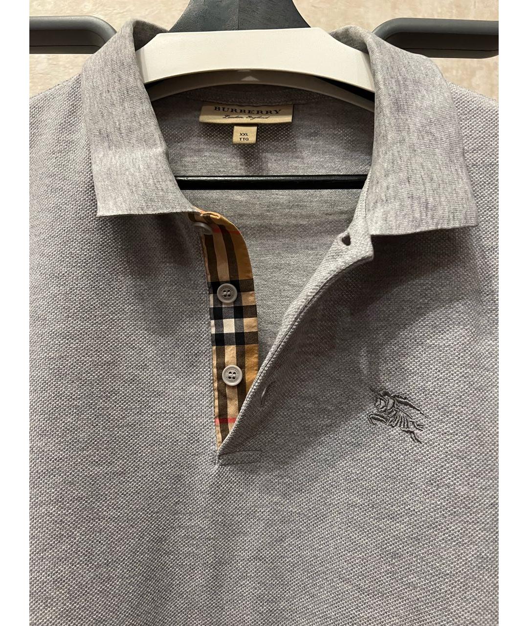 BURBERRY Серое хлопко-эластановое поло с коротким рукавом, фото 3