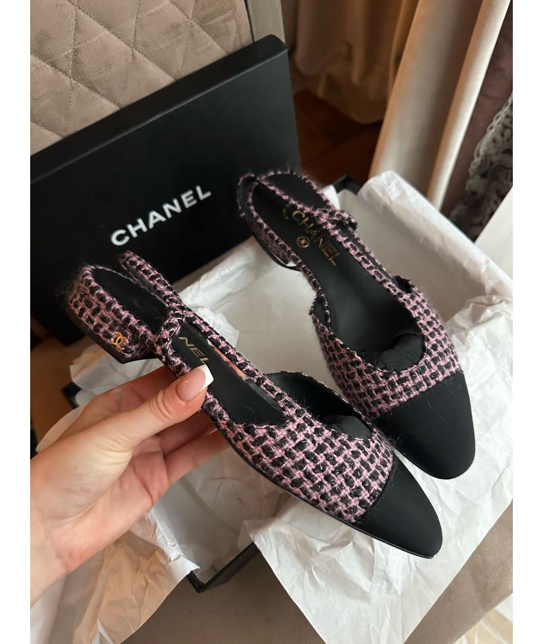 CHANEL Черные текстильные лодочки на низком каблуке, фото 4