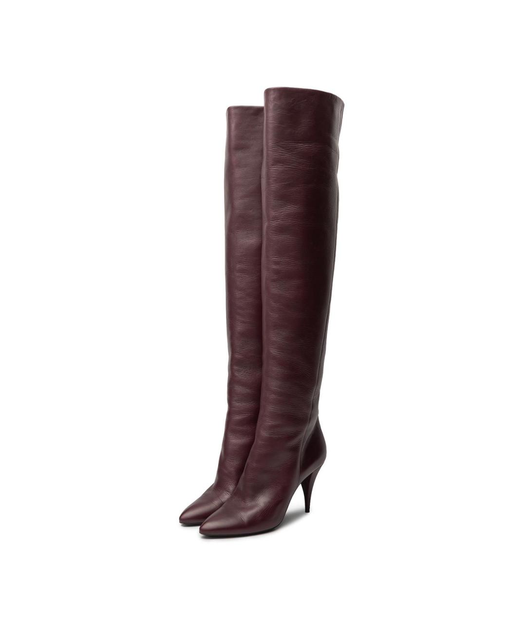 SAINT LAURENT Бордовые кожаные сапоги, фото 3